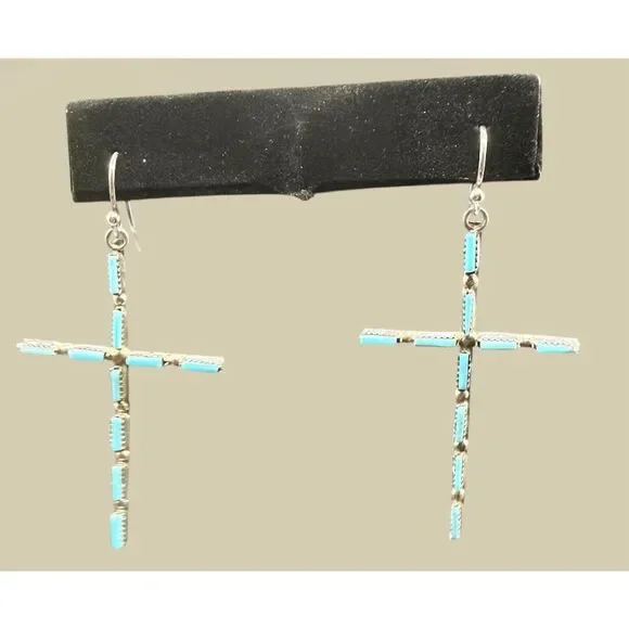 VINTAGE NATIVE AMERICAN TURQUOISE STERLING SILVER CROSS EARRINGS - Picture 3 of 6